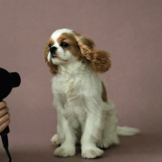 A spaniel's coat being blow-dried after a wash